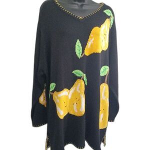The Quacker Factory Shirt 1X Black and Yellow Pear Sweater Novelty Casual Sequin